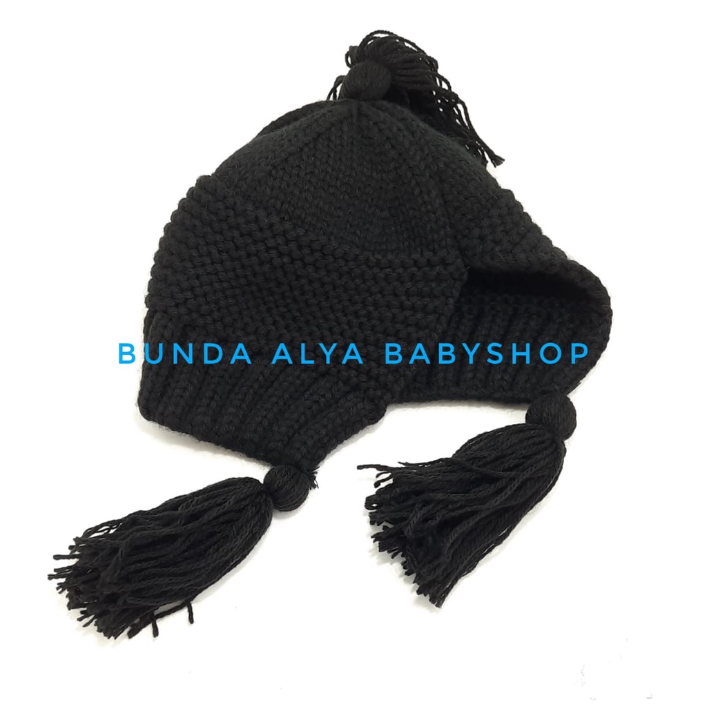 Topi Kupluk Anak Wol Bulu Kupluk Rumbai Rajut Hitam Import Untuk Usia 6bulan-4tahun Motif Polos Bahan Woll Halus