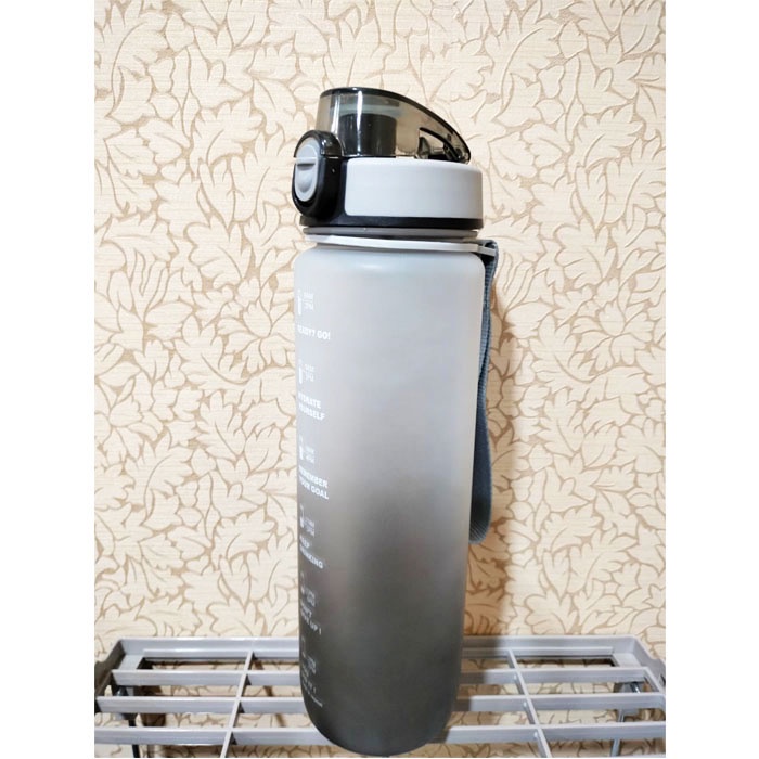 HOKO Botol Minum Tumbler Olahraga Sport Unik FREE Stiker 2D+3D / Botol Motivasi 1000ML / Botol Penanda Gradient Gradasi 1 LITER-1L White & Black