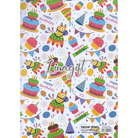 ( 5 Lembar ) JUMBO BDAY - KERTAS KADO SANWA RAINBOW UNICORN - GIFT WRAP PAPER ULANG TAHUN KUDA PONY HAPPY BIRTHDAY CUTE ANIMAL CATS FLAMINGGO BALOONS / BALON