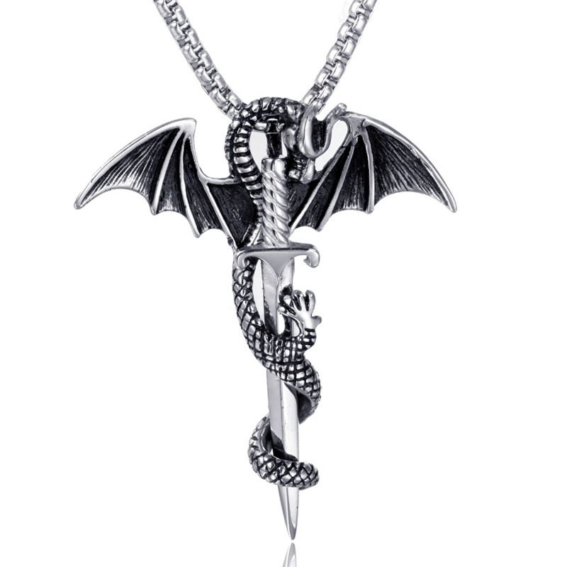 Pria Mode Vintage 316L Stainless Steel Suku Gothic Pterosaurus Pedang Naga Palang Pendant Biker Punk Kalung