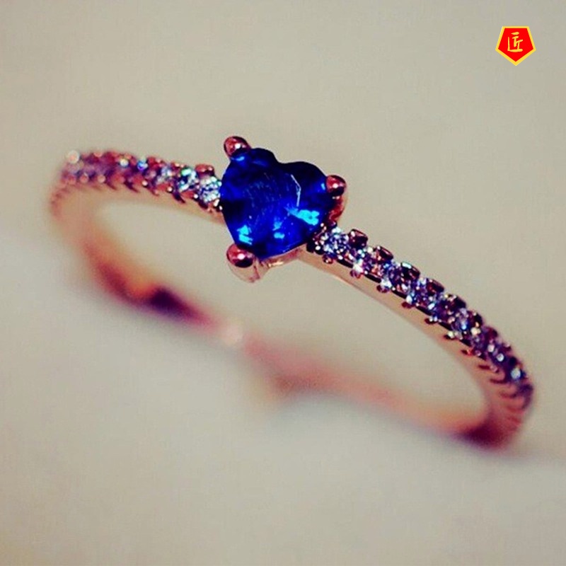 [Ready Stock]Simple Personality 18K Rose Gold Heart-Shaped Blue Diamond Ring