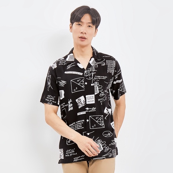 SANVANINA Kemeja Hawai Pria Kekinian Printing - Math Black Casual Shirt E-2010