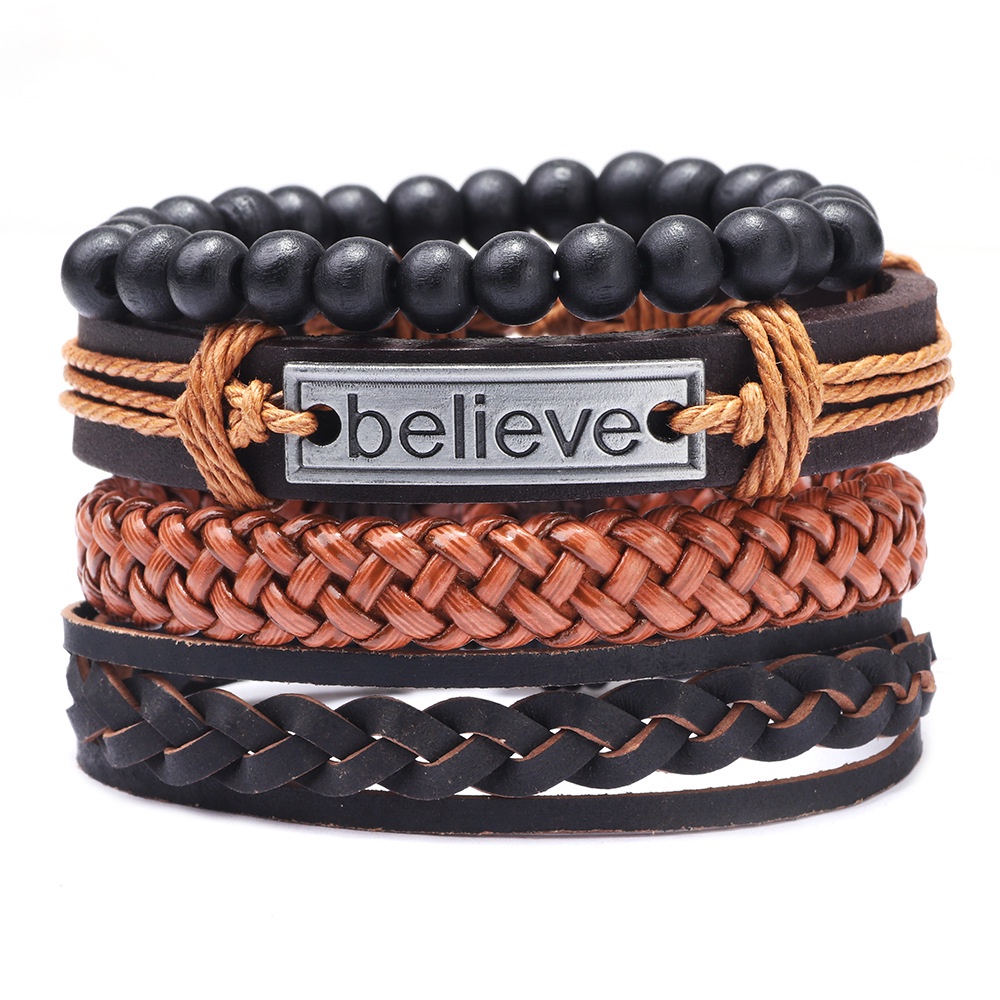 believe Gelang Pria 4-Piece Set Kulit Sapi Paduan Tali Dikepang Manik-Manik Disesuaikan Gelang Hadiah