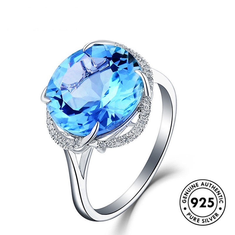 Cincin Sterling Silver 925 Lapis Emas 18k Model Terbuka Dengan Batu Amethyst Biru Laut Untuk Wanita