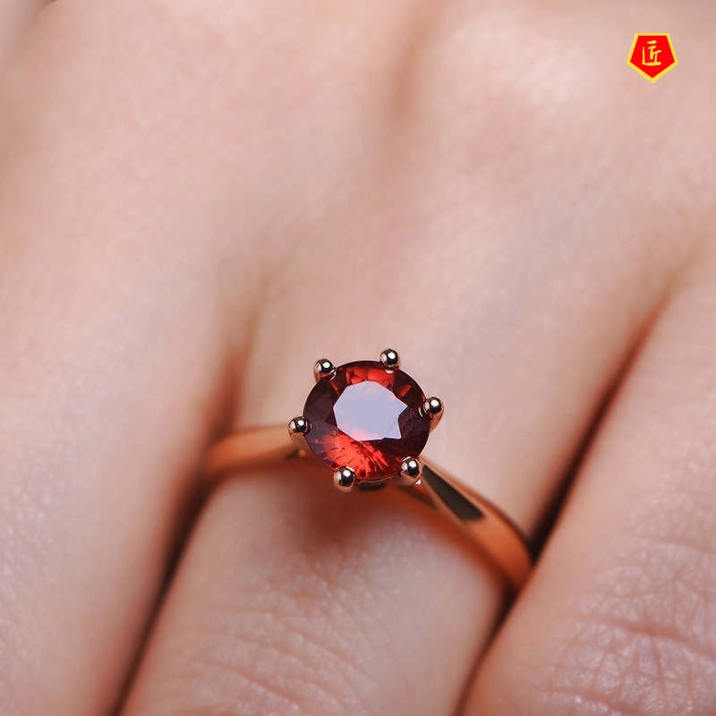 [Ready Stock]Rose Gold Garnet Colored Gems Classic Six-Claw Ring Fashion Simple Amethyst