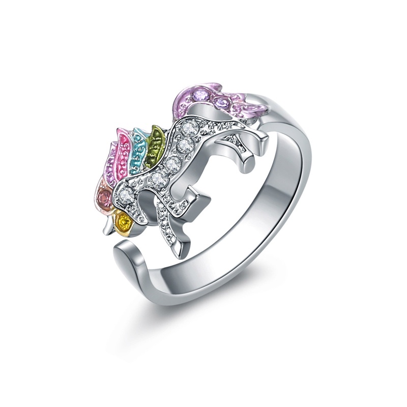 Cincin Model Terbuka Adjustable Desain Kartun Unicorn Aksen Berlian Warna Pelangi