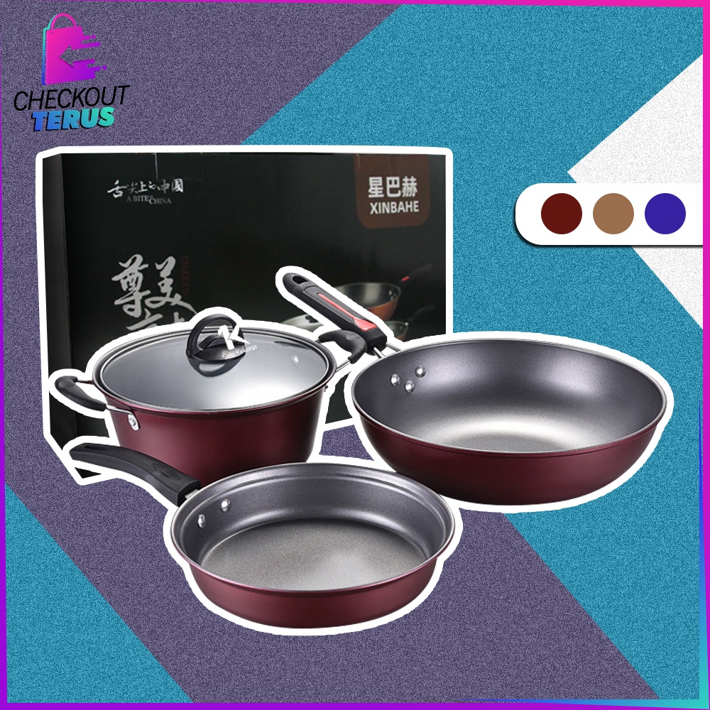 CT C501 Panci Wajan Teflon Set isi 3 pcs Penggorengan Set Anti Lengket Pegangan Anti Panas Panci Set Cookware Masak