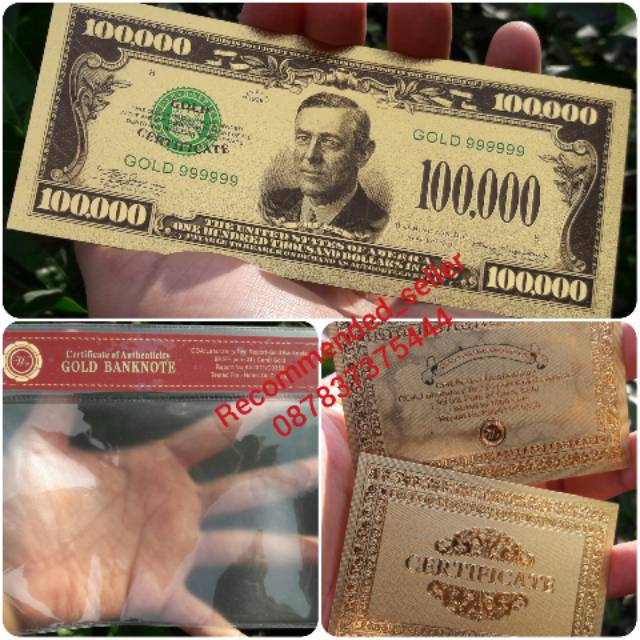 Uang souvenir gold foil 100.000 dollar america usd boston lengkap dengan plastik frame COA