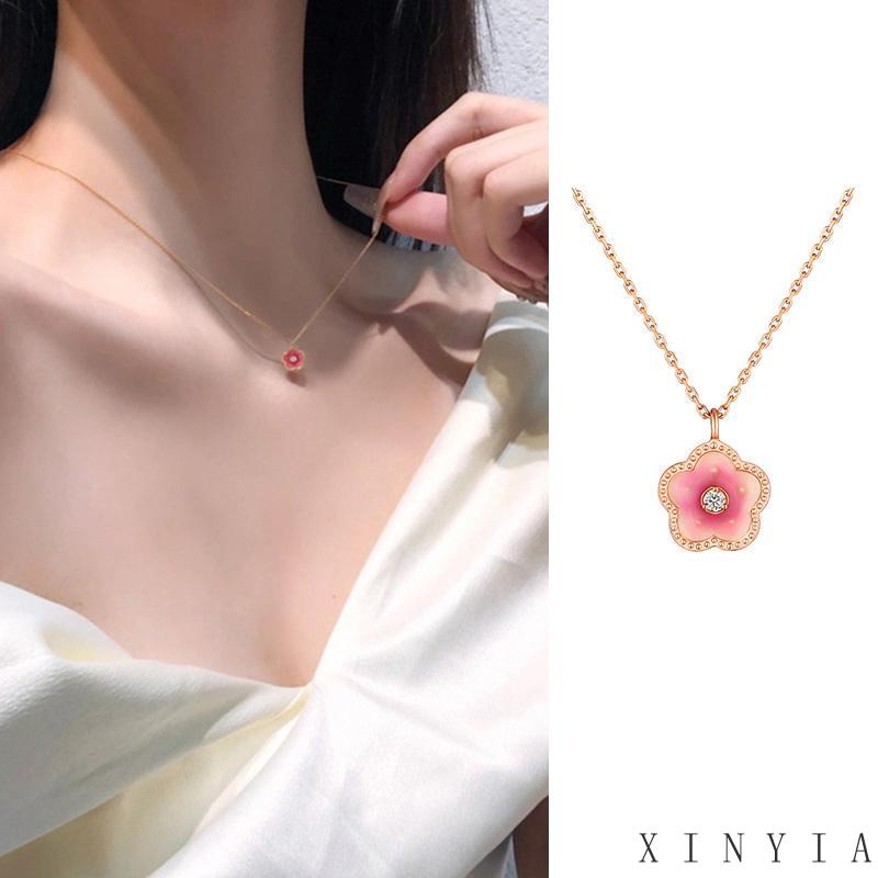 【Bayar di tempat】2023 Fashion Korea Baru Kalung Rantai Klavikula Dengan Liontin Bunga Persik Warna Pink Untuk Wanita