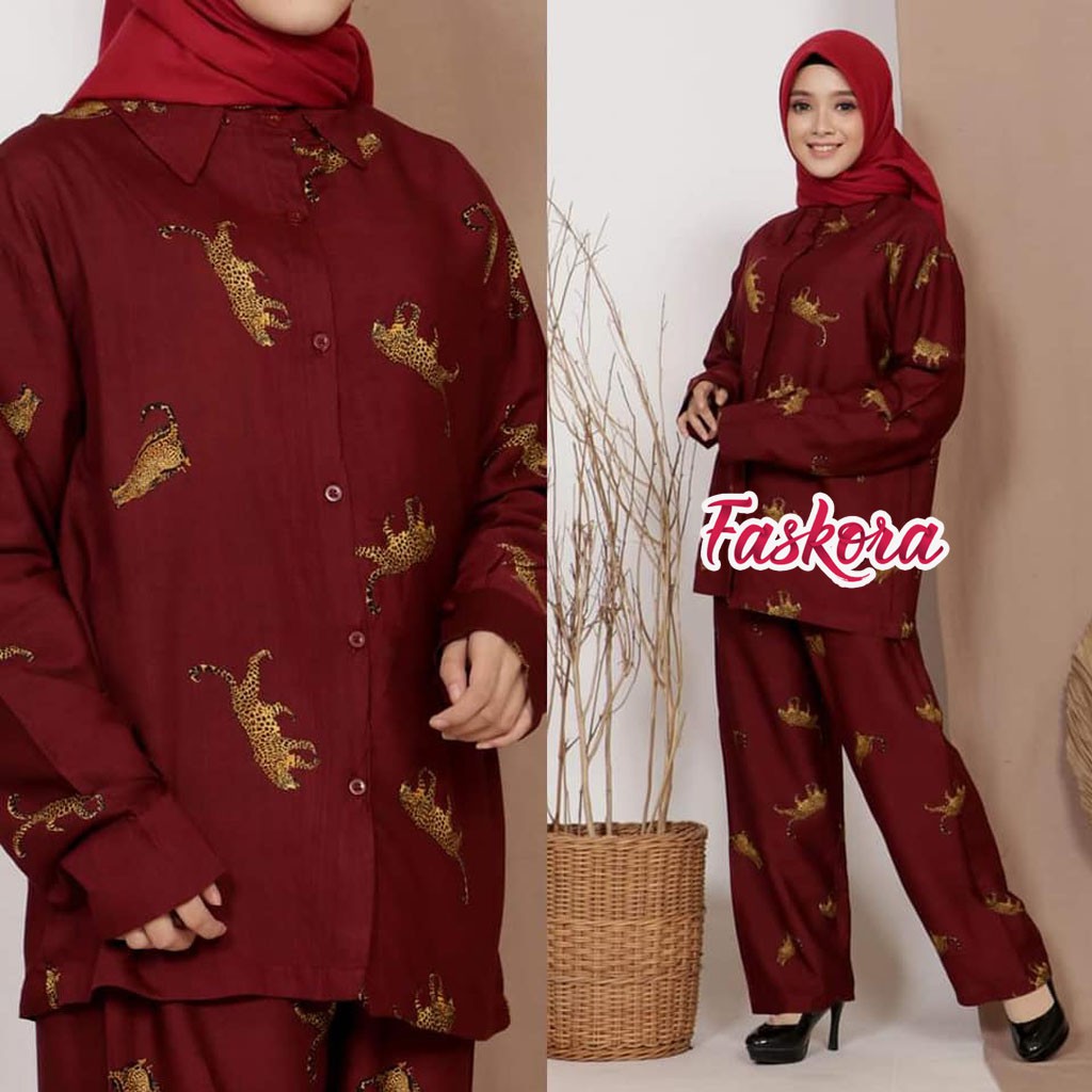 One Set Pajamas Rayon Jumbo XXL Macan - Setelan Piyama Wanita Kekinian - Pajamas Set Lengan Panjang