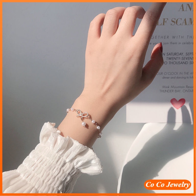 Gelang Bangle Mutiara Aksen Pita Gaya Korea Untuk Wanita