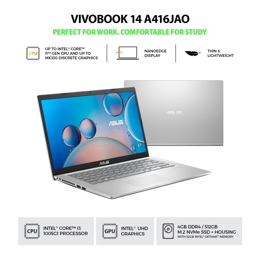 ASUS Laptop A416JAO-FHD352 Core i3 4gb/512gb Grey Garansi Resmi 2 Tahun