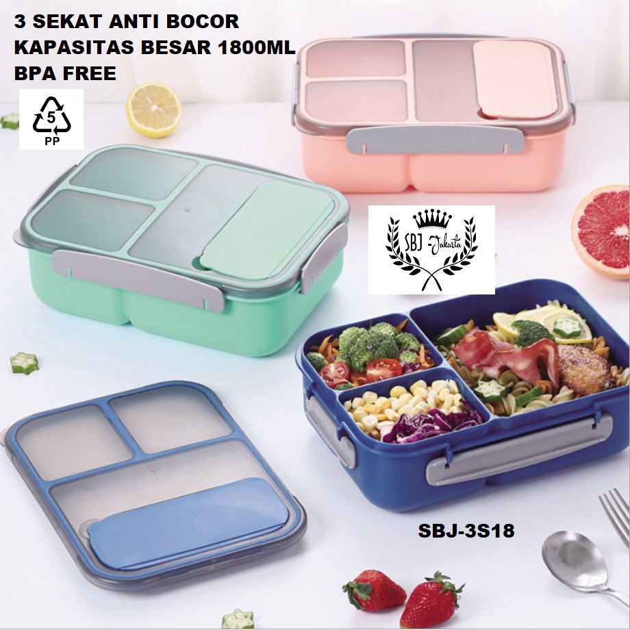 SBJ Lunch Box 1800 ml / Kotak Makan Anti Bocor 3sekat BPA Free 1800 ML