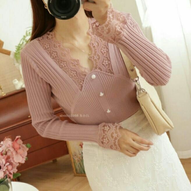 23026 Baju atasan blouse kerja rajut cewek baju blouse putih lengan panjang rajut wanita import pink