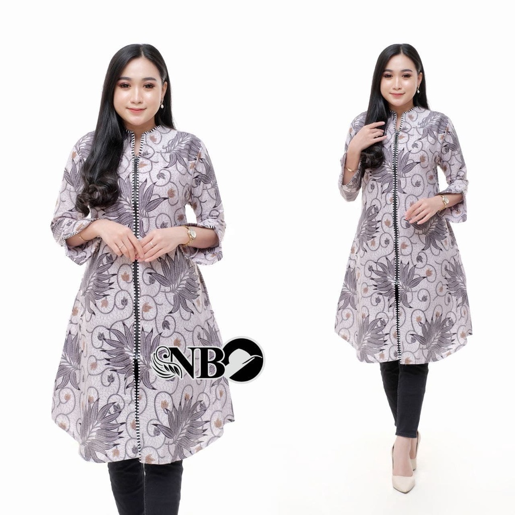 Atasan Batik Wanita Lengan Panjang BATIK BERKAH HRB026 motif KERATONAN Kode 002 size M L XL XXL Reguler-TUNIK GODONG PUTIH