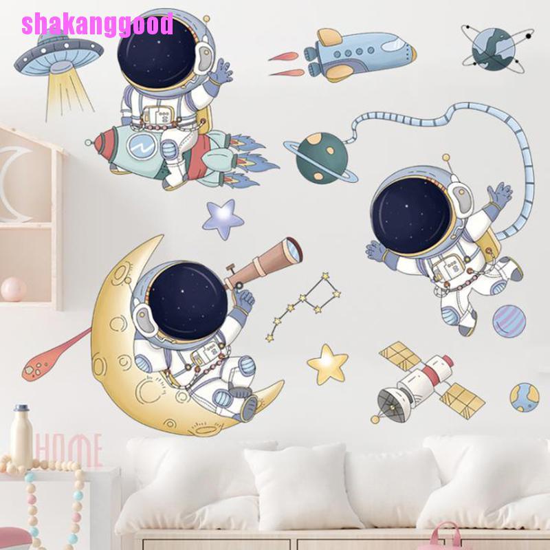 Stiker Dinding Desain Kartun Astronot Luar Angkasa Dapat Dilepas Untuk Dekorasi Kamar Anak