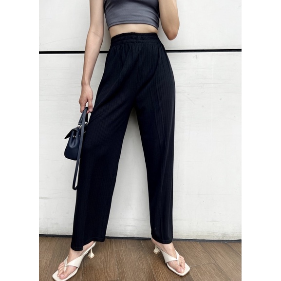 Hyerin pants/celana kulot wanita/celana panjang wanita/celana high waist/celana semi rib/celana santai/celana kekinian/celana knit/kulot knit-Black