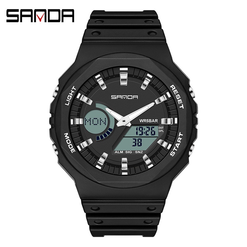 SANDA 6016 Jam Tangan Pria Wanita Digital Sport EL Backlight Tali Rubber Anti Air-Hitam Silver