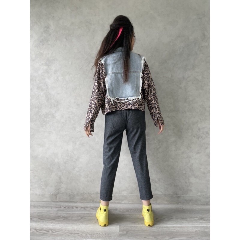 JAKET JEANS IMPORT WANITA ASIA KOREA JEPANG COMBAIN LEOPARD AM4