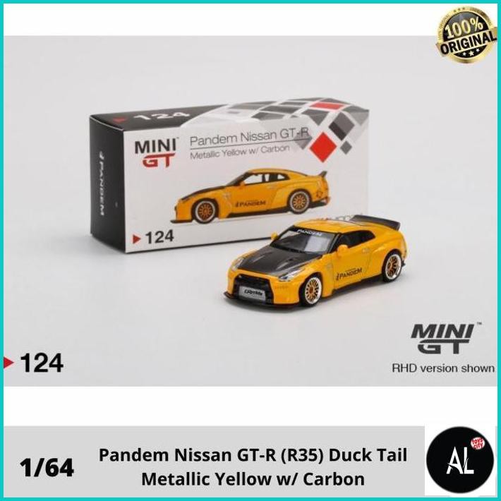 Al Minigt Pandem Nissan Gt-R R35 Duck Tail Metallic Yellow Carbon Mini Gt