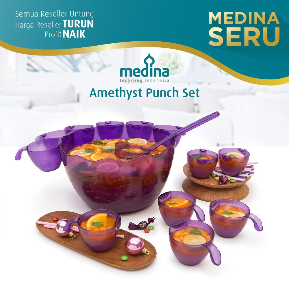 DUSDUSAN Amethyst Punch Set Wadah Saji Minuman Besar Banyak Lengkap Gelas Sendok Bergaransi Cantik