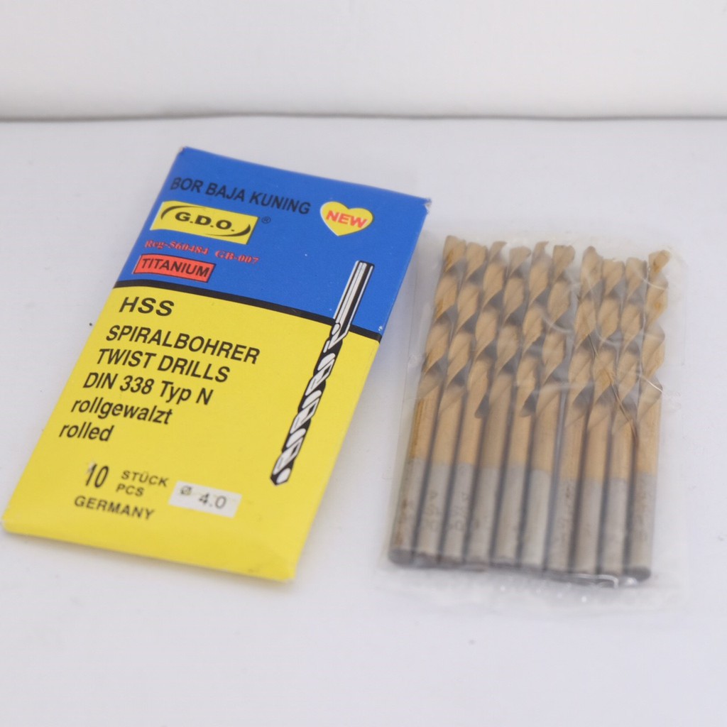 Mata Bor Besi Baja Kuningan G.D.O 4mm 4 mm Drill Spiral Kuning GDO 1 Bungkus Isi 10 pcs Harga per 1 pcs