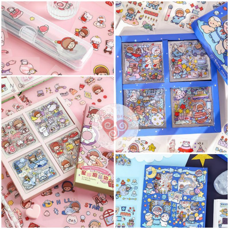 Stiker Aesthetic 1 Lembar | Sticker Astronot Gadis Kecil | DIY Bahan PVC Untuk Deco Scrapbook Diary Tumbler Botol Viral Lucu Gemoy