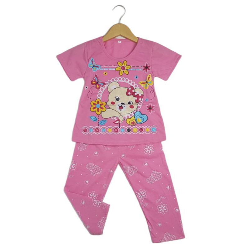 SETELAN SIKUNING PAKAIAN BAJU ANAK PEREMPUAN 2-7 TAHUN MOTIF BEAR BUNGA LENGAN PENDEK CELANA PANJANG