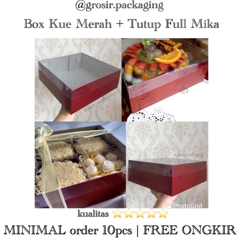Kotak Kue Merah + Tutup Transparan Full Mika Box Kue / Hampers / Puding Cake Kotak Kue Mika