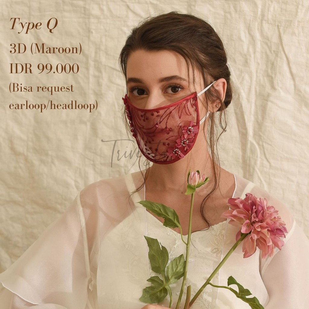 Masker Mika untuk wedding/pengantin - MASKER BROKAT MASKER PREMIUM ANTI AIR- warna maroon -tipe Q