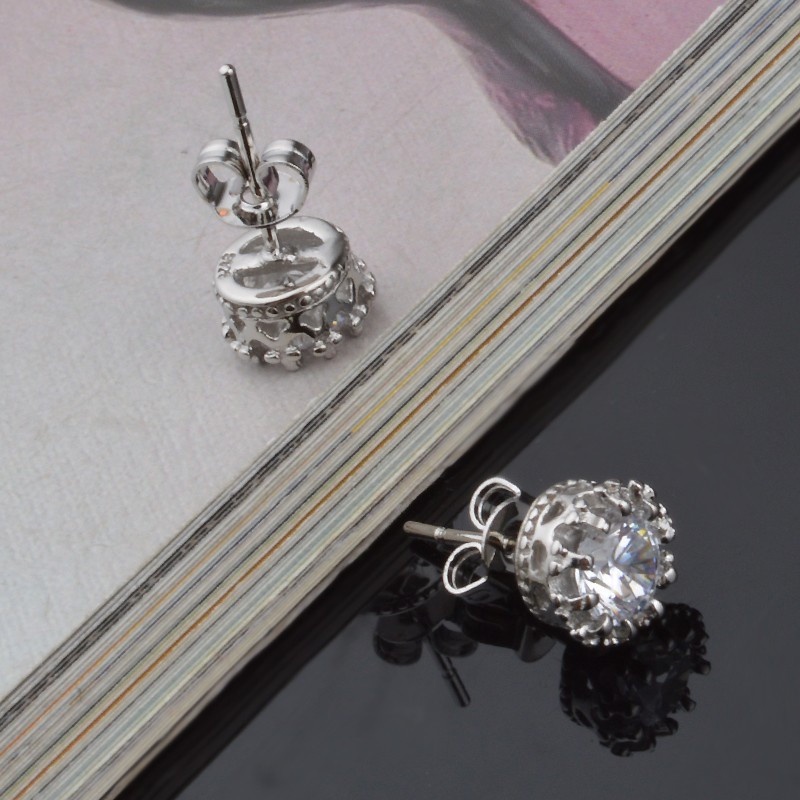 Anting Tusuk Lapis Silver Dengan Batu Zircon Kubik Bulat 8mm Untuk Wanita