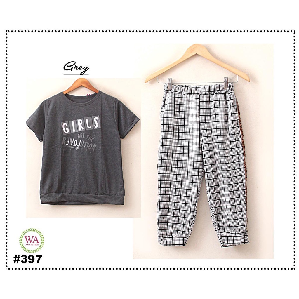 LISFASHION 158 Setelan Wanita Baju+Celana 7/8 Kotak-Kotak