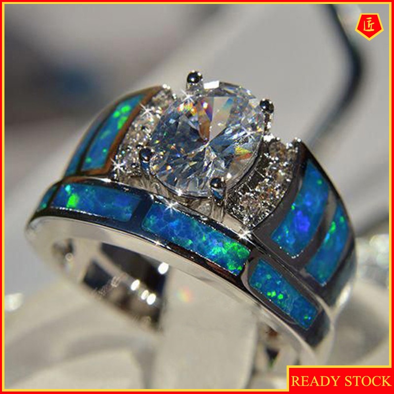 [Ready Stock]Luxury Fashion Blue Opal Inlaid Diamond Ring Set