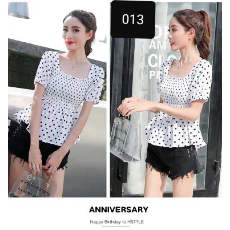 PAKAIAN BLOUSE POLKADOT ATASAN BAJU IMPORT WANITA LENGAN PANJANG KERUT DADA FASHION PEREMPUAN F013