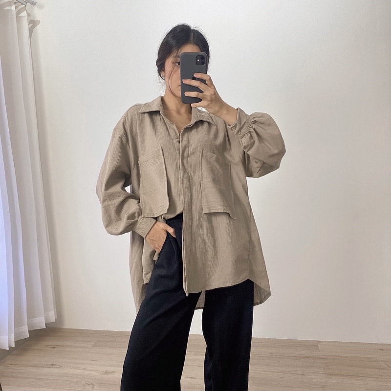 SIVALI Gea Top | Kemeja Oversize Linen Wanita - Linen Crinkle Shirt - Atasan Wanita Lengan Panjang 9902