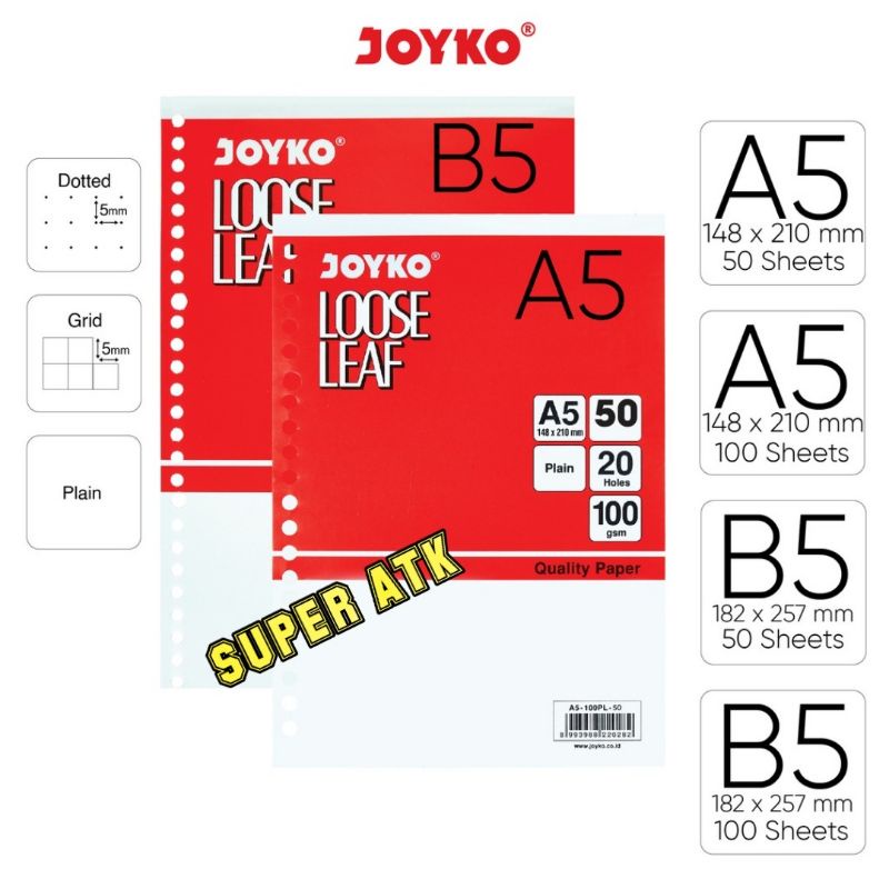 

LOOSE LEAF JOYKO (GRID / PLAIN / DOT) (B5 / A5) isi 50 lembar