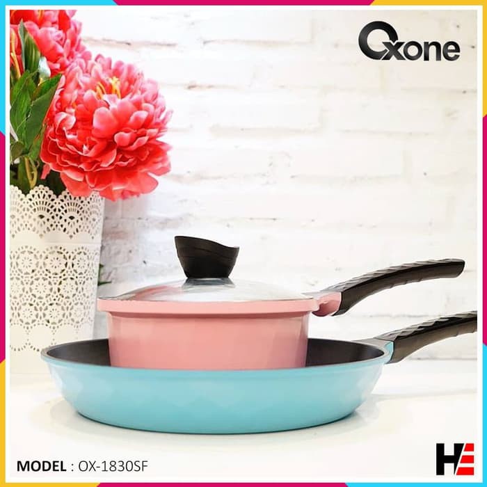 2Pcs Wajan Oxone Pink Pot &amp; Blue Fry Pan OX-1830SF Wajan Induksi