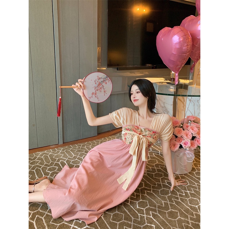 Suhao ditingkatkan Hanfu gaya Cina lengan pendek gaun wanita musim panas perban floral patchwork pin