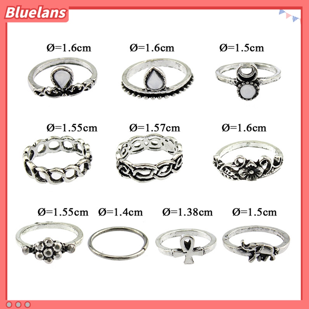 Bluelans 10Pcs Knuckle Finger Rings Vintage Anti-rust Flower Hollow Women Jewelry