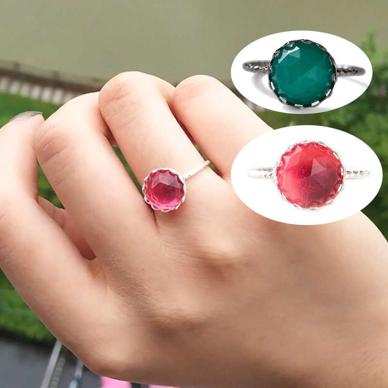 OLOJO Merah Dan Hijau Resin Batu Permata Imitasi Cincin Geometris Cincin Tren Unisex