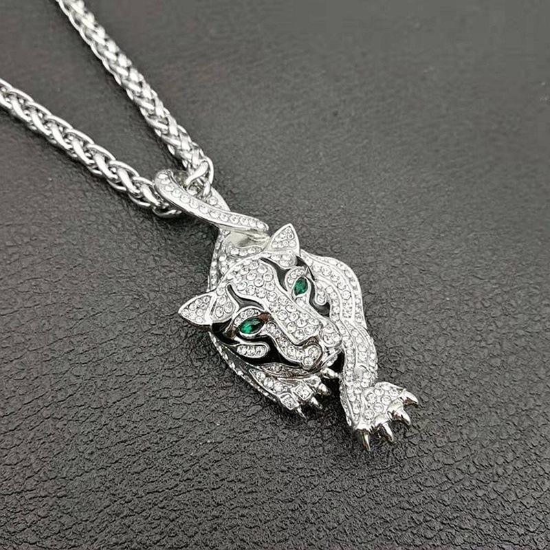 Mewah Pria 18K Emas Tergabung Austria berlian imitasi Emerald Tiger Pendant Necklace