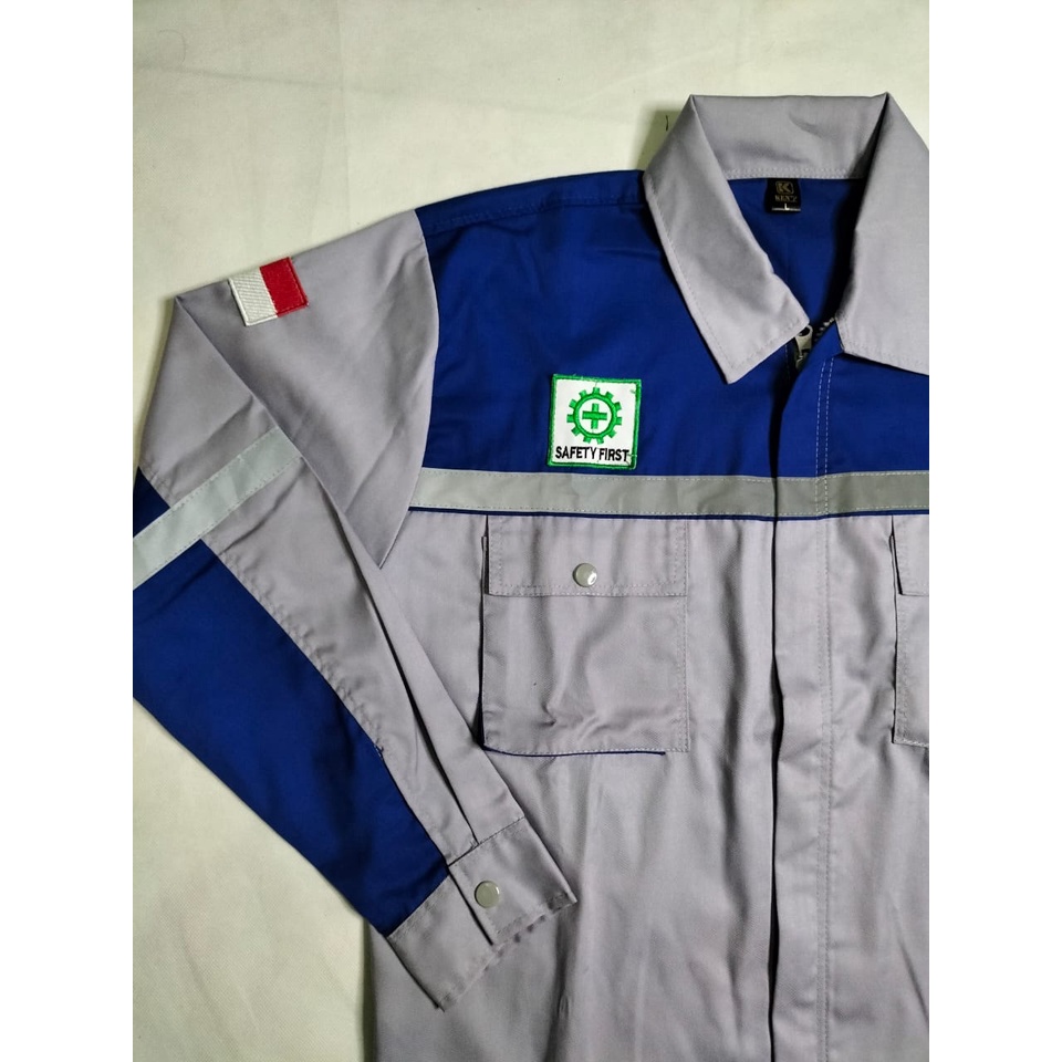 Baju Atasan Wearpack | Kemeja Safety Proyek Lengan Panjang Abu - Biru Benhur