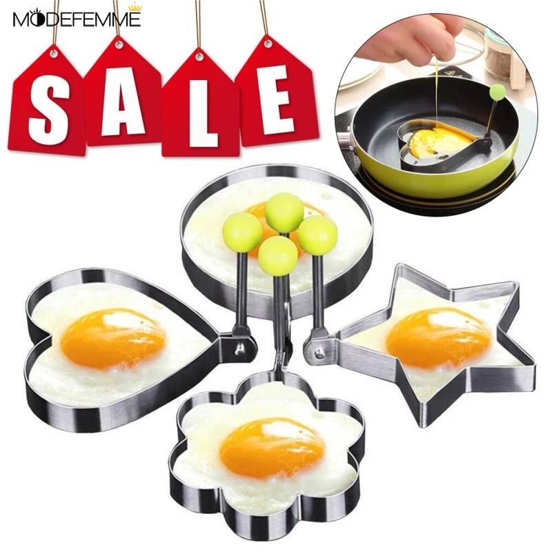 5pcs / set Cetakan Telur Goreng / Pancake / Sandwich Bahan Stainless Steel Anti Lengket Dengan Gagang