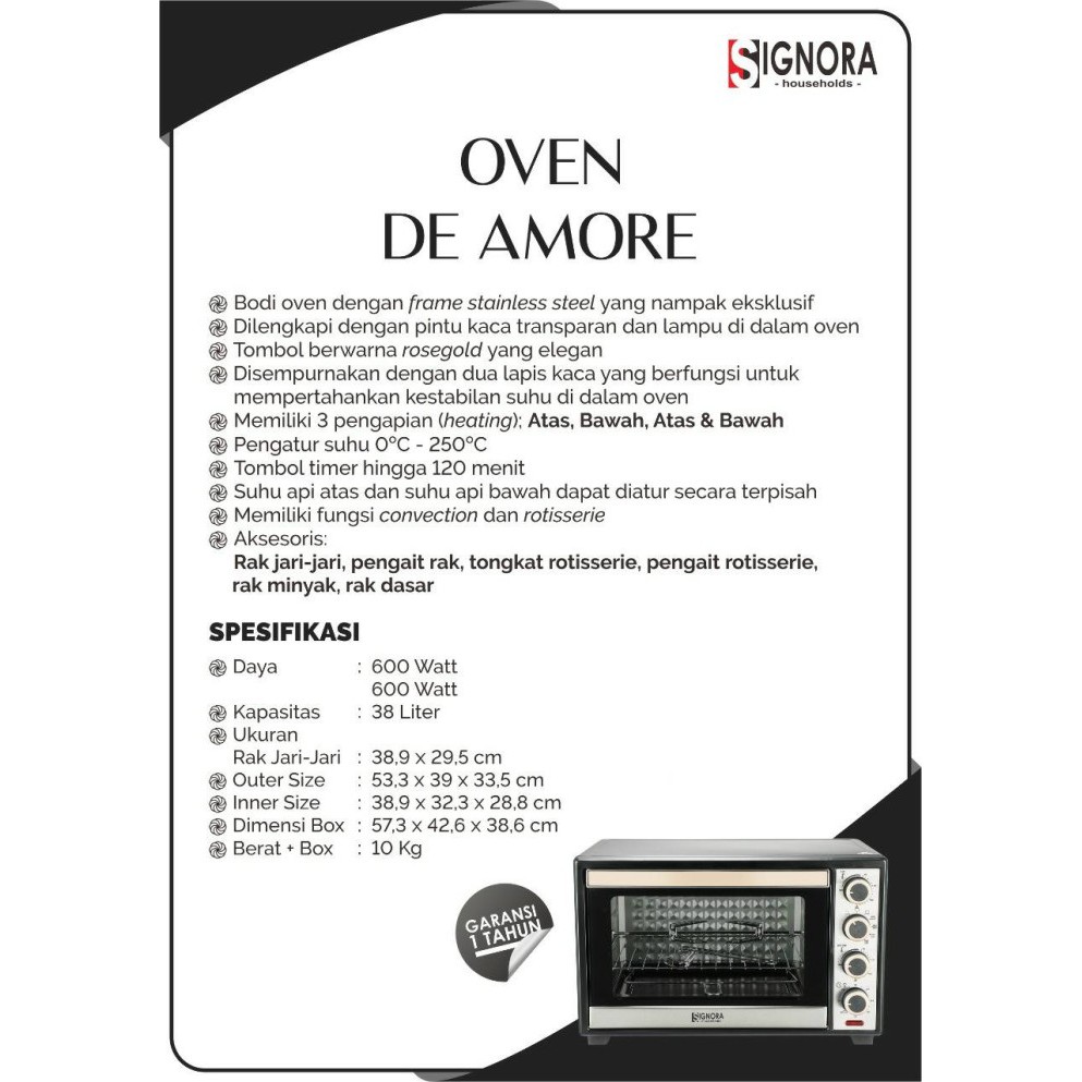 Signora Oven Listrik De Amore - Kapasitas 38 Liter + Bonus Kategori 3