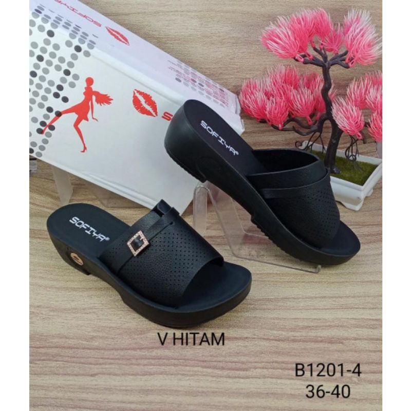 Sandal Wedges Sofia Import Terbaru 2022/Sandal Wanita Wedges Selop Motif Kekinian