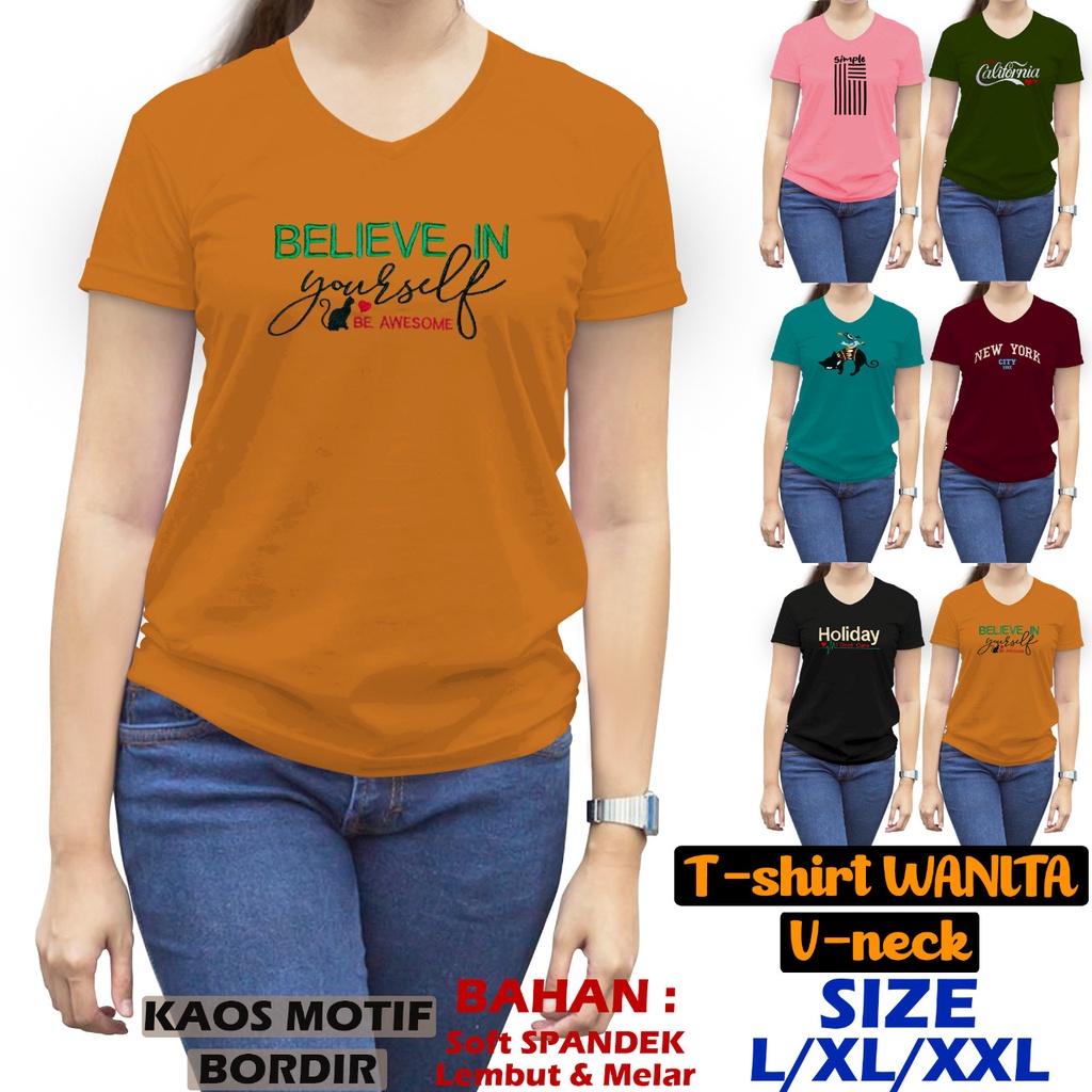 KAOS WANITA V NECK BORDIR KAOS WANITA MURAH ATASAN WANITA TSHIRT