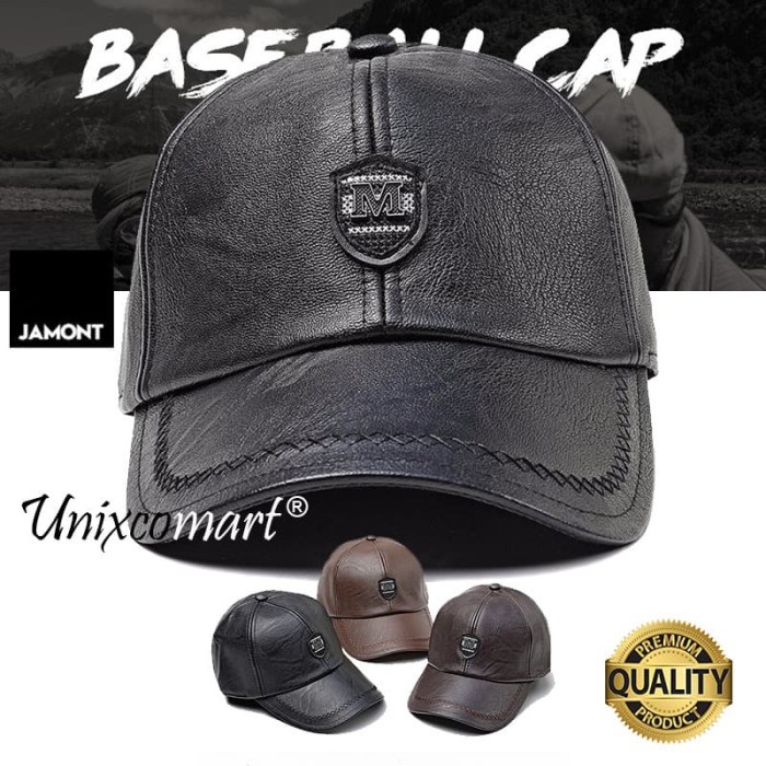 Topi Pria Jamont M Logo Topi Baseball Hat Casual Sport Pria Wanita PU Leather - Black(Y7X4) Topi Pri