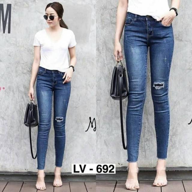 Highwaist jeans ripped hijab LV 692 jumbo bigsize