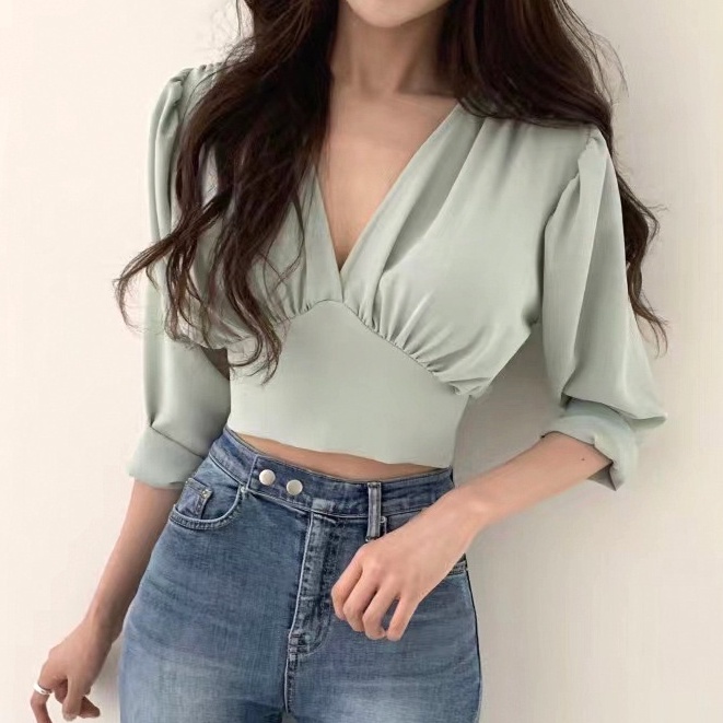 RX FASHION - Korean Long Sleeve Crop Top Blouse Atasan Lengan Panjang - NN