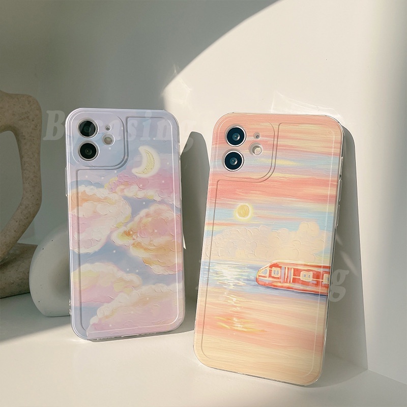 Soft Case Silikon Motif Lukisan Minyak Matahari Terbenam Untuk Iphone 13 Pro Max 12 11 6s 7 8 Plus X Xr Xs Max